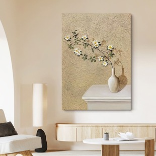 饰画丙烯石英砂玄关静物挂画 欧式 简约纯手绘油画客厅白色花卉装