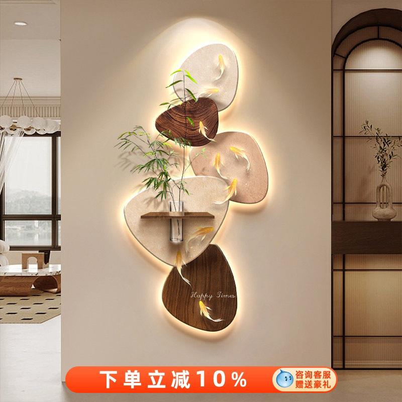 中古风九鱼图玄关装饰画走廊过道挂画入户正对门水培绿植砂岩壁画图片