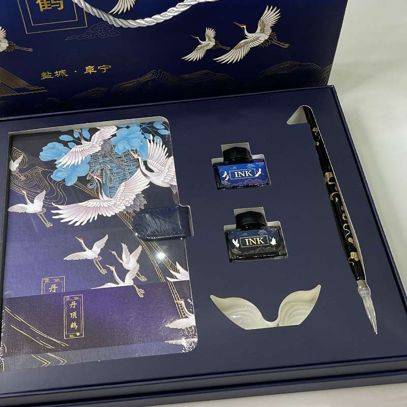 新款白鹤玻璃笔套装签字笔套装水晶学生用蘸水笔渐变色玻璃蘸墨笔