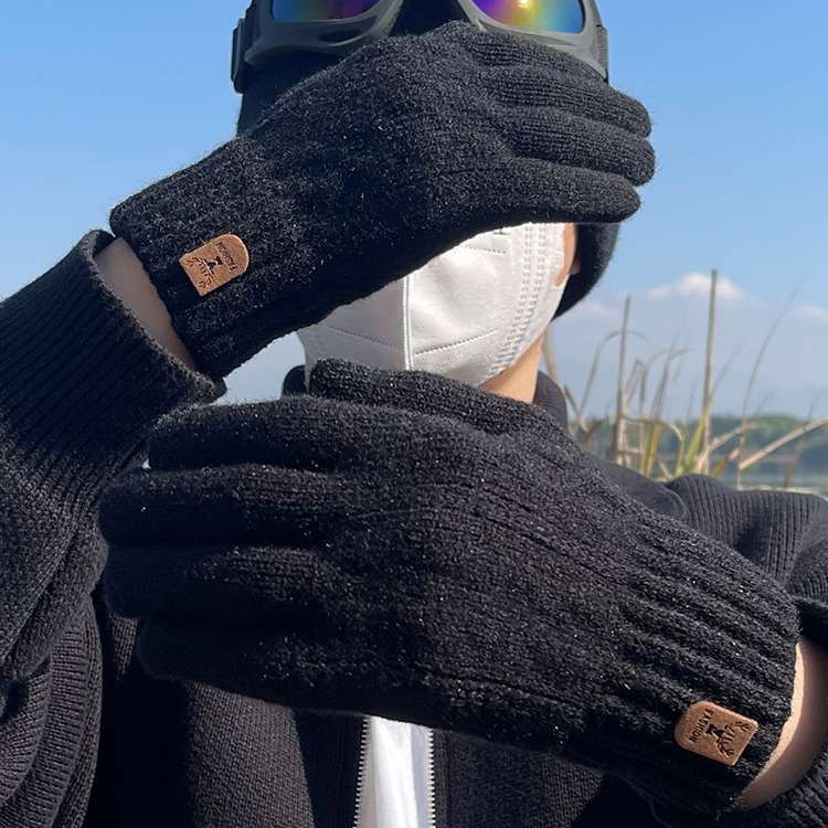 保暖手套秋冬季男可触屏毛线针织电动车骑行开车加绒加厚学生防寒