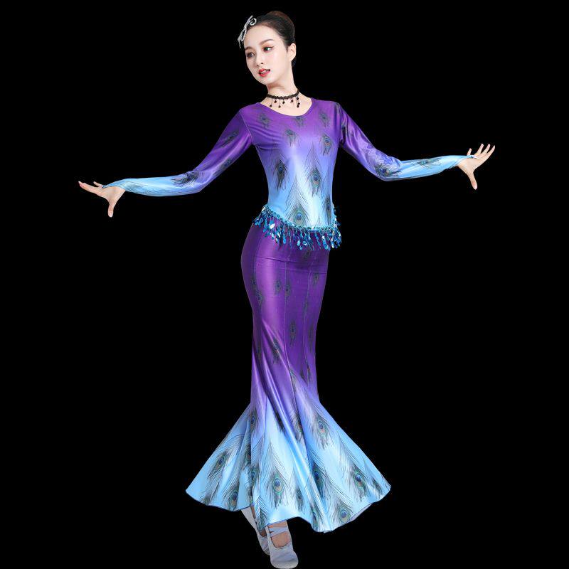 新款傣族舞蹈演出服艺考女云南孔雀舞渐变长袖鱼尾裙半身练习裙子