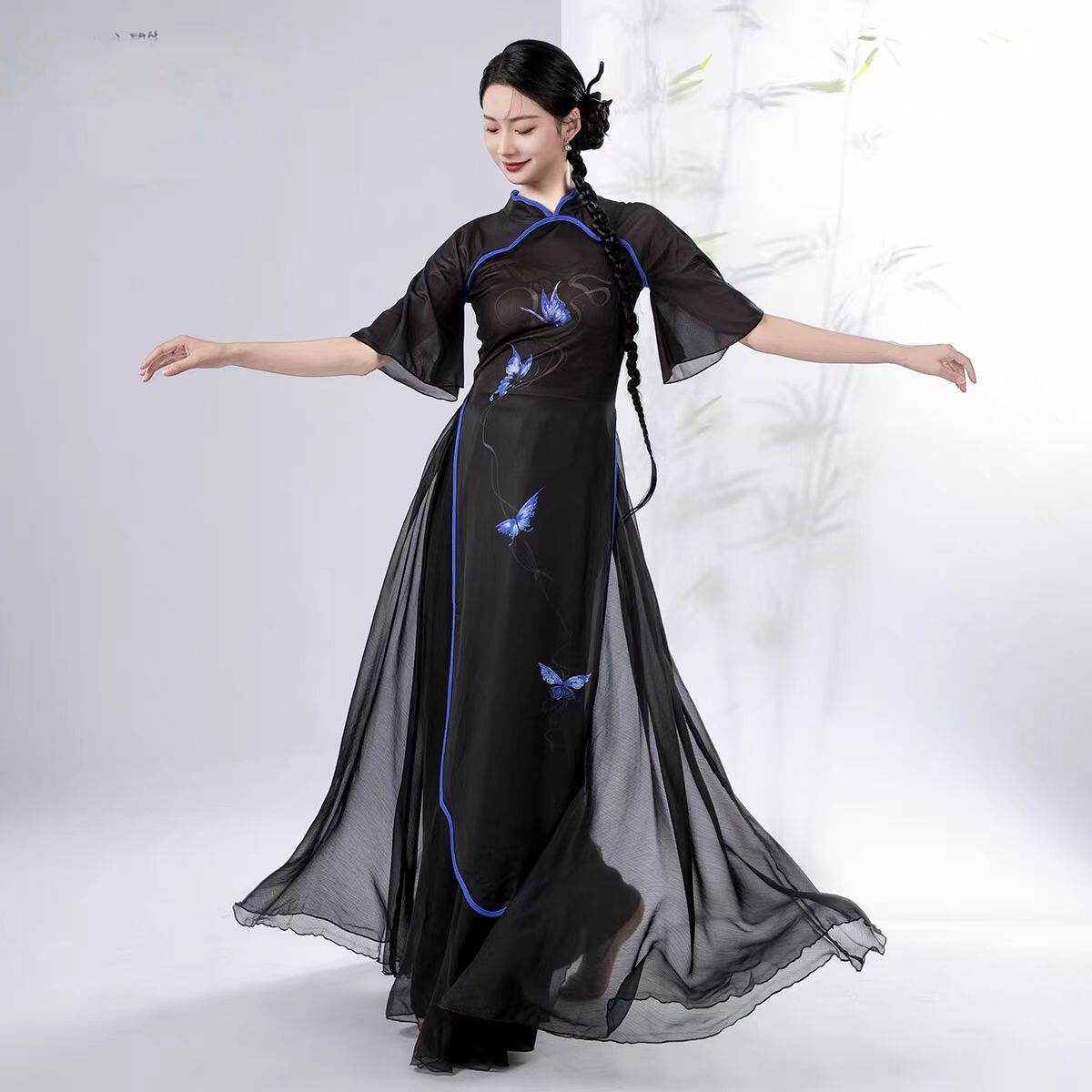古典舞新款旗袍演出服舞蹈飘逸身韵纱衣练功新中式舞蹈服女装