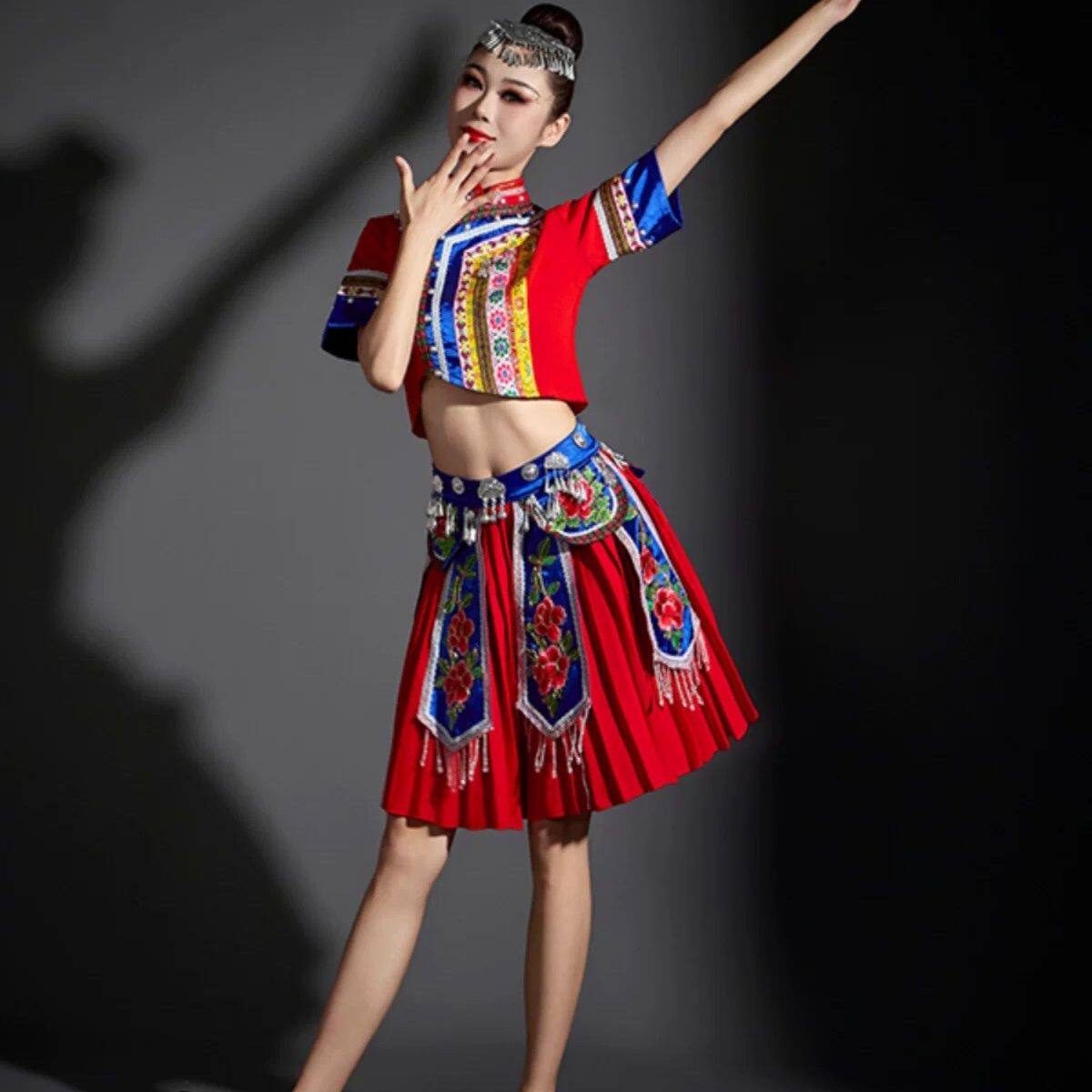 少数民族服装舞蹈服苗族演出服壮族土家族瑶族羌族侗族艺考套装女
