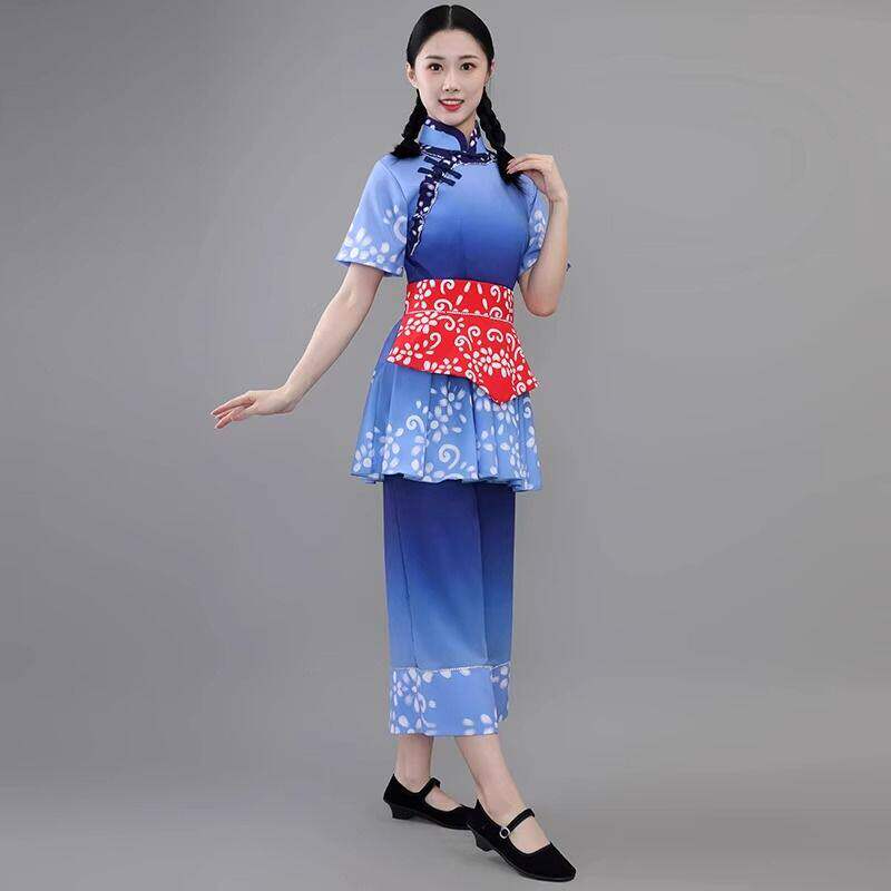 新款采茶舞表演服舞蹈演出服斗笠舞秧歌丰收节民族村姑男女款蓝色