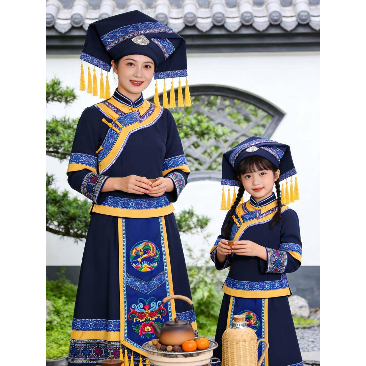 新款广西三月三成人民族服装壮族服装女亲子装演出壮锦布依族土家