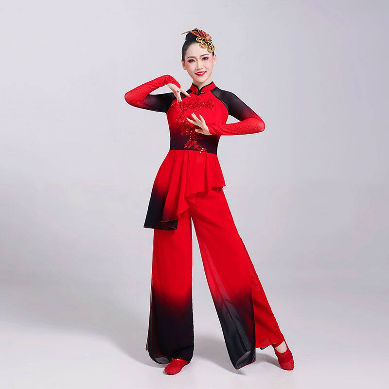 新款古典演出服舞蹈表演民族秧歌扇子舞中国现代套装伞舞飘逸