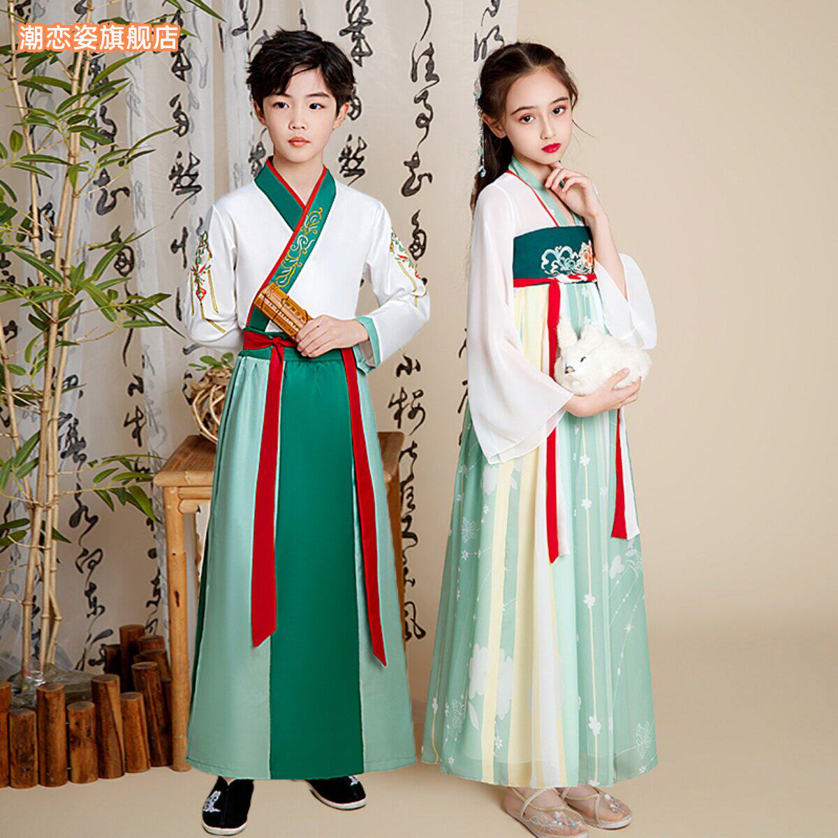 汉服男童女童新款儿童国学服书童古装汉服中国风唐装女朗诵演出服