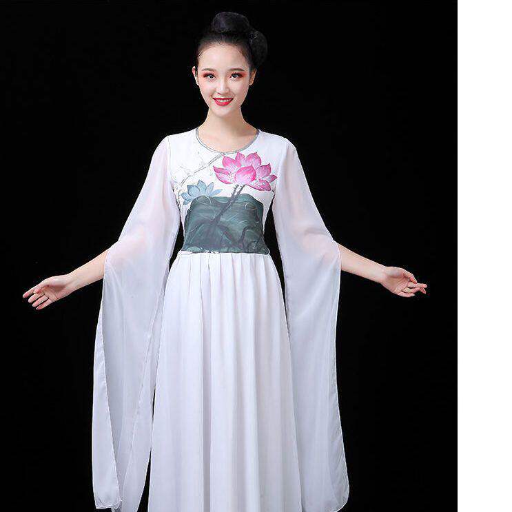 古筝演出服女成人表演服新款飘逸水袖古典舞蹈服中国风合唱服长裙