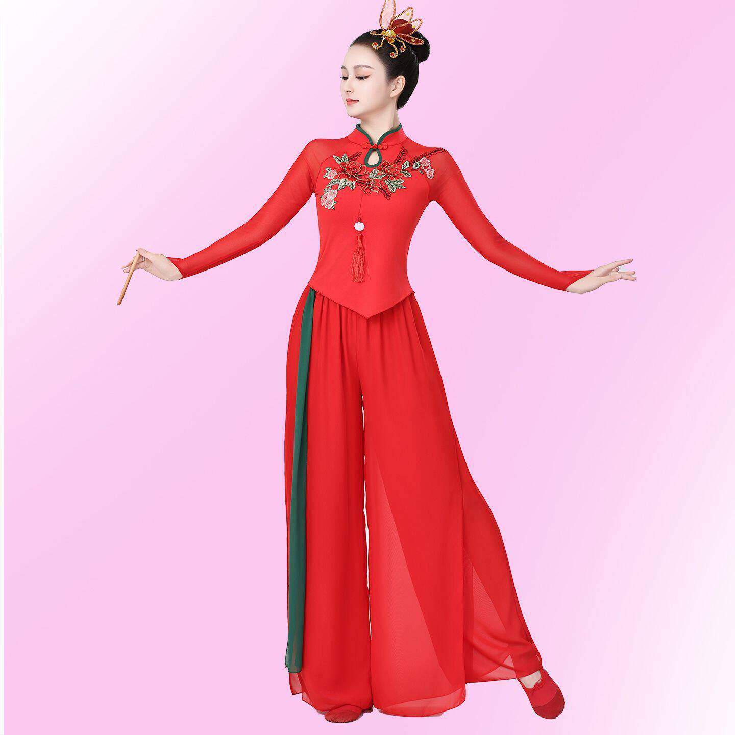 广场舞服装套装春装新款扇子舞古典舞舞台表演服长款飘逸秧歌舞服