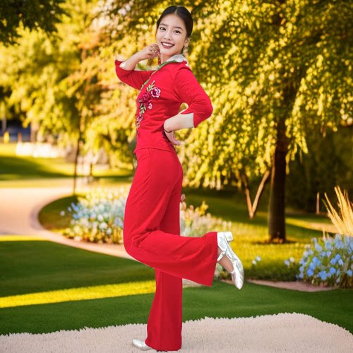 新款绣花新中式弹力舞蹈服大码长裙穿搭广场舞服装女中国舞套装