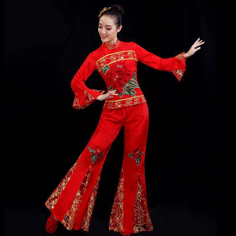 新款秧歌服女套装中老年人大码扇子舞演出服喜庆广场舞服装腰鼓服