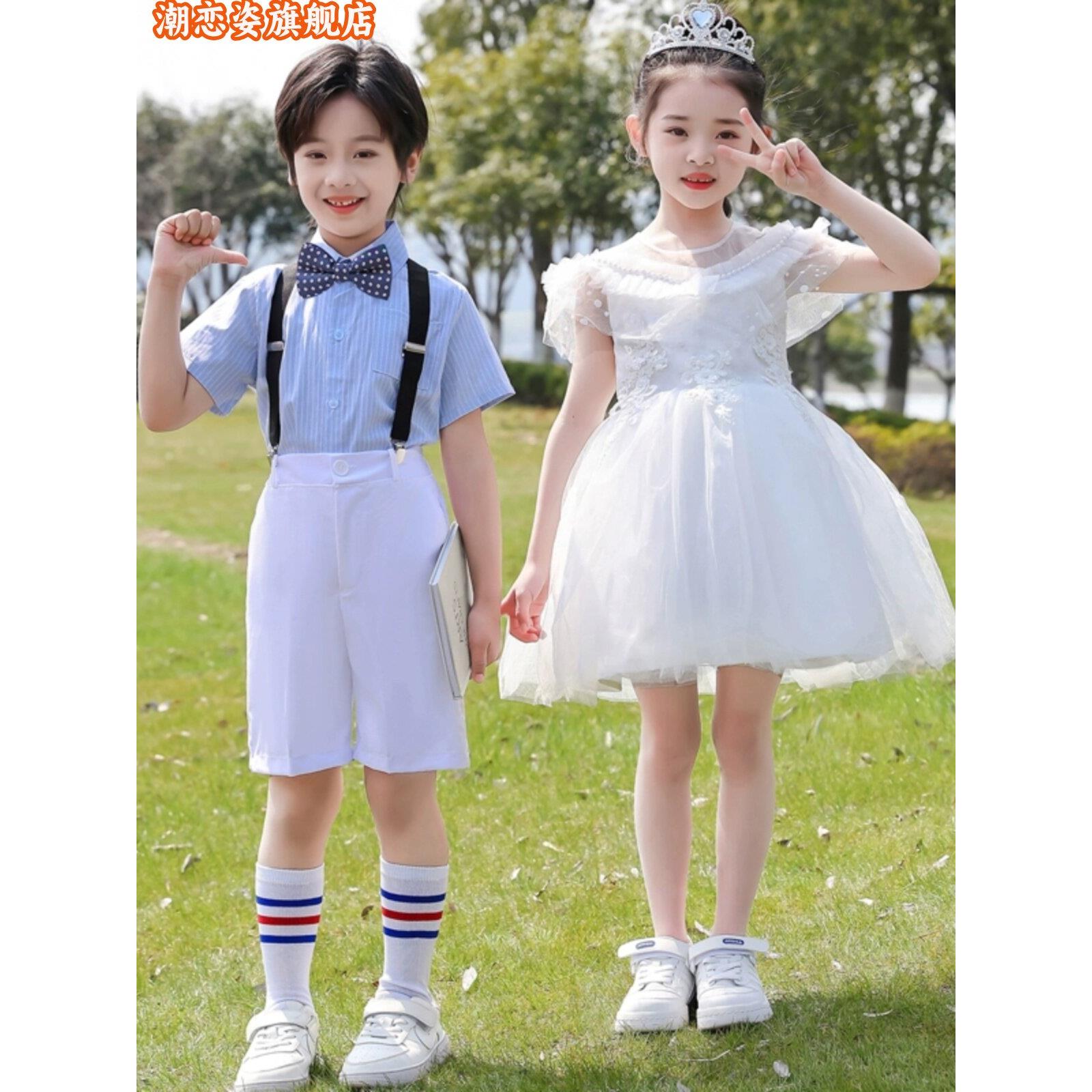儿童演出服公主裙合唱礼服白色幼儿园蓬蓬裙舞蹈服纱裙毕业照班服