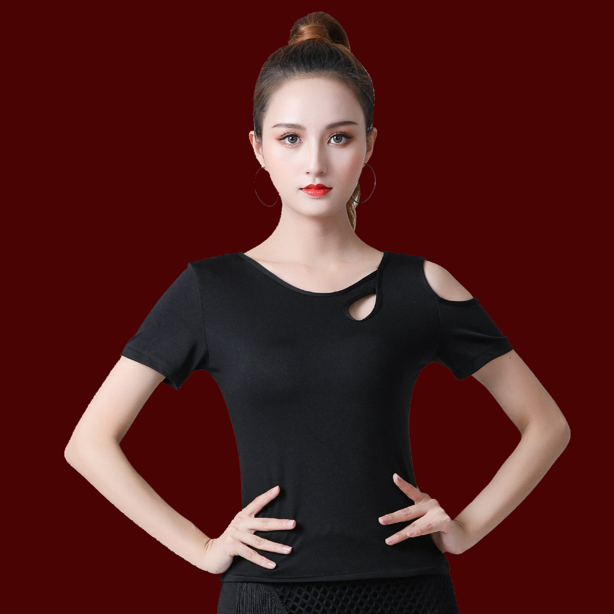 成人摩登舞女士拉丁舞成年性感交谊舞T恤修身显瘦露肩上衣练功服