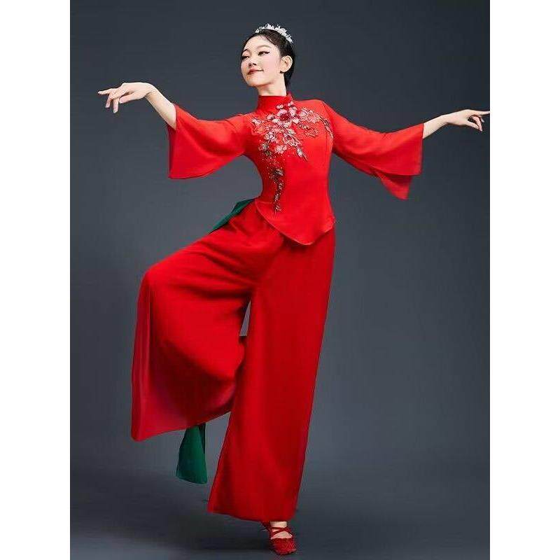 红色刺绣秧歌舞服优雅显瘦民族风套装喜庆舞台演出服女舞蹈装女款