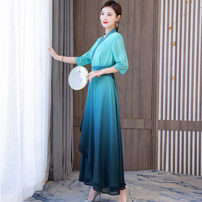 只此青绿舞蹈服改良仙气汉服中国风长裙汉元素飘逸古风雪纺连衣裙