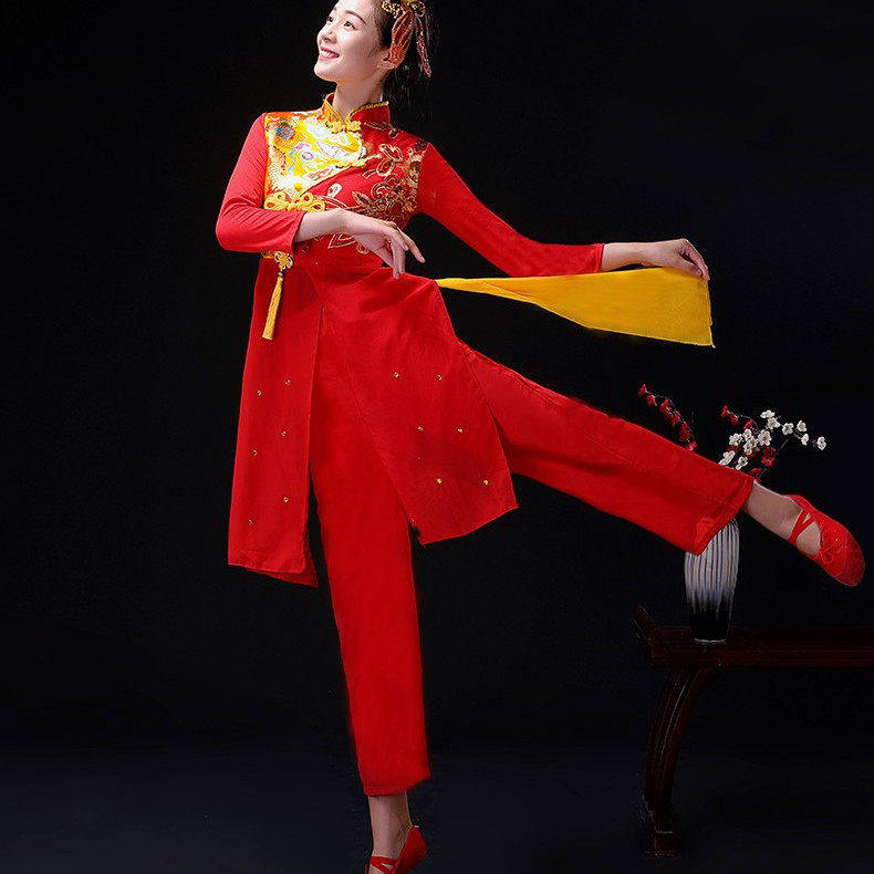 中国风打鼓舞龙舞狮表演民族秧歌服扇子腰鼓中老年广场舞古典舞蹈
