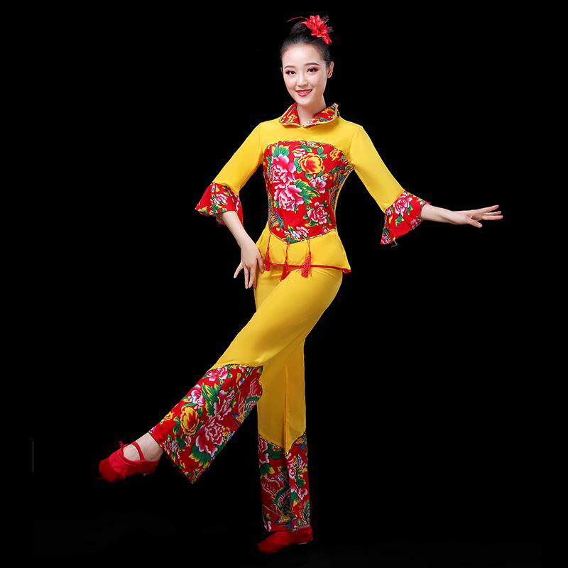 新款大秧歌服演出服青年中老年民族风腰鼓舞蹈服装大花布女套装