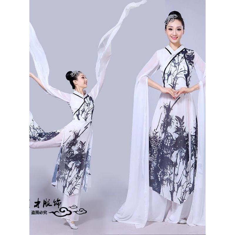 水袖舞蹈服甩袖古典舞表演服装水墨色舞蹈演出服竹子印花雪纺舞台