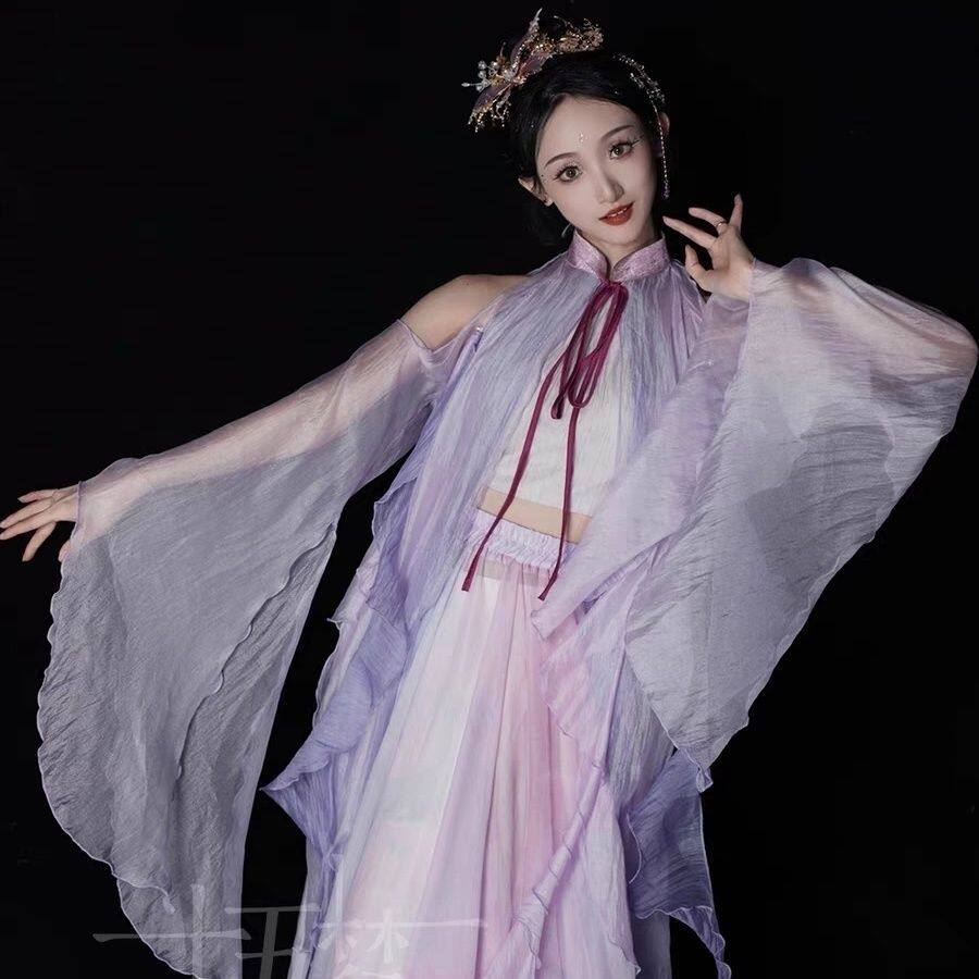 十五梦【良辰夜】飘逸粉紫色立领飘带纱衣 古典舞仙气中国舞蹈服