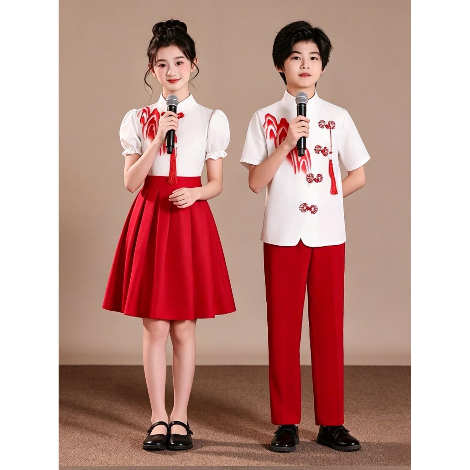 儿童中国风大合唱团演出服装蓝色诗歌朗诵表演服爱国演讲表演服