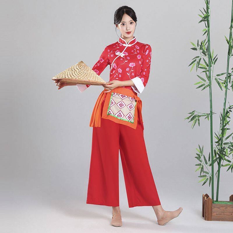 广场舞蹈套装秧歌服女新款春夏村姑采茶舞服装民族舞蹈跳舞演出服