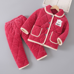 冬季女童女孩夹棉珊瑚绒家居服儿童法兰绒睡衣男童宝宝加厚款套装