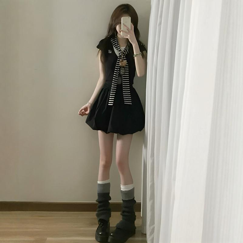 速发现货休闲风花生芭蕾风花苞短裙运动套装女夏学生韩版宽松显瘦