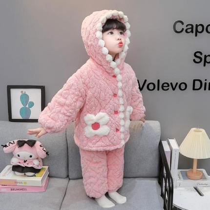 女童加厚睡衣三层夹棉冬季女宝保暖加绒珊瑚绒冬款儿童家居服套装