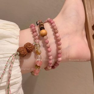 编织手链精致红纹2024女木质小众石多层年手串 复古风手饰轻奢新款