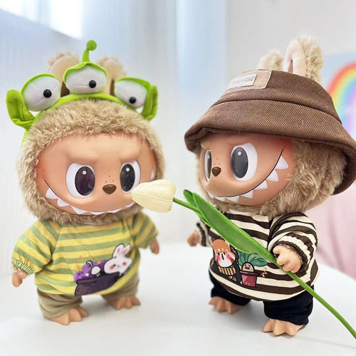 38cm拉布布搪胶毛绒娃娃衣服着替Labubu公仔衣服条纹动物衫套装萌