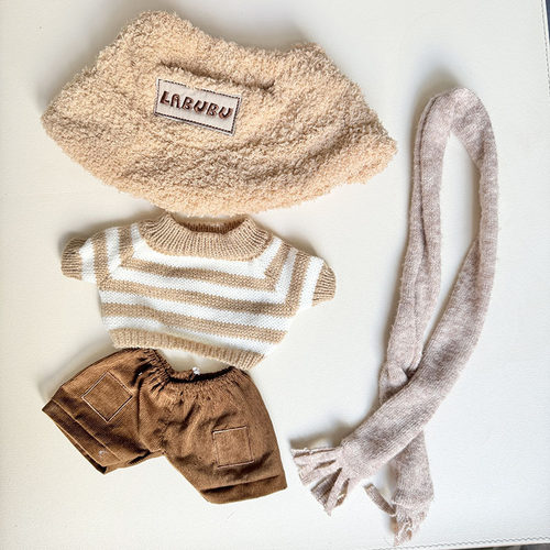 38cm拉布布毛绒娃娃衣服着替搪胶Labubu公仔衣服咖白条纹毛衣套装