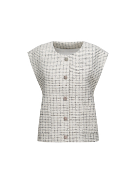 老钱风粗花呢编织格砍肩叠穿无袖外套WT43CYA052