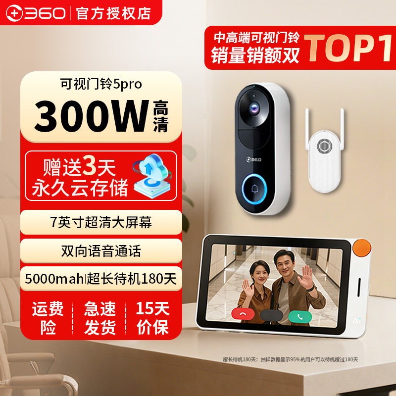 360可视门铃套装智能显示屏电子猫眼300W超清摄像头5pro,电子/电工,智能门铃/可视门铃,淘宝优惠券,粉丝福利购,淘宝优惠卷
