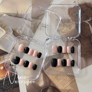 妮可NAIL ins风辣妹黑粉拼色成品纯手工穿戴甲可拆卸美甲片假指甲