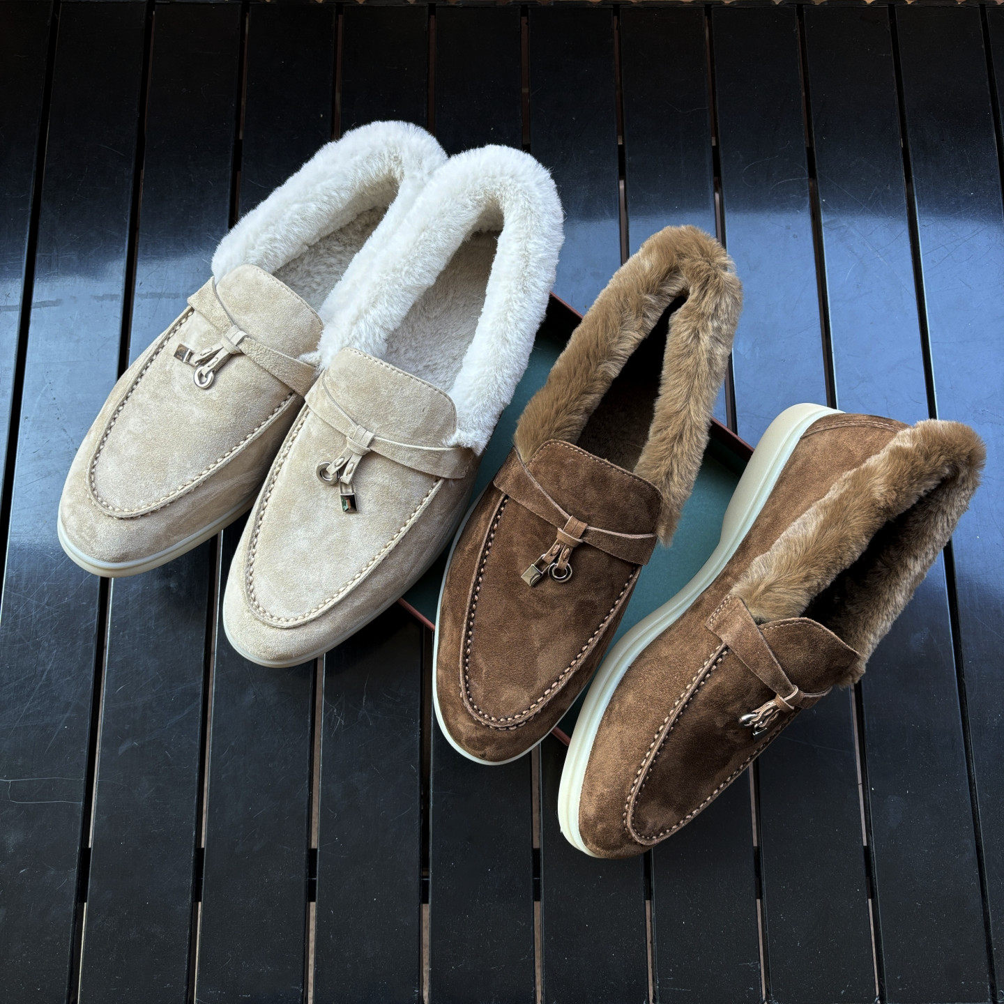 高版老钱风open walk麂皮海狸毛乐福鞋女加绒豆豆鞋休闲毛毛单鞋