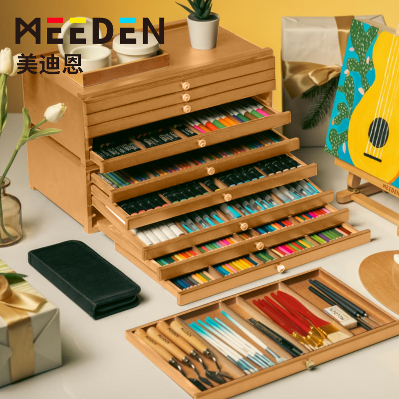 MEEDEN美迪恩自然原木色抽屉画 画箱画 画盒画 画具收纳层架多层