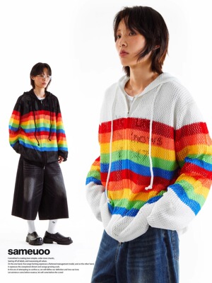 sameuoo散养文化彩虹针织镂空罩衫上衣女夏季无性别条纹外套开衫