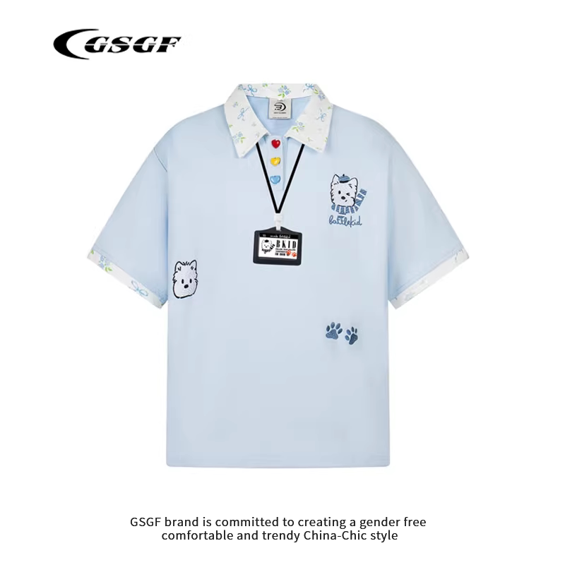 GSGF美式复古学院风撞色POLO领衫刺绣短袖t恤男女情侣宽松上衣tee