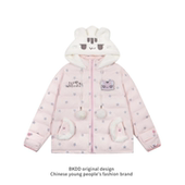 BKDD原创可爱猫咪满印星星排骨棉服女秋冬小个子连帽加厚刺绣外套