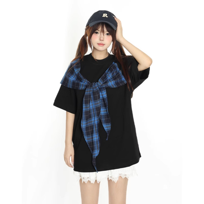 小杭还没吃饱原创美式学院风蝴蝶结短袖T恤女慵懒风宽松设计感潮