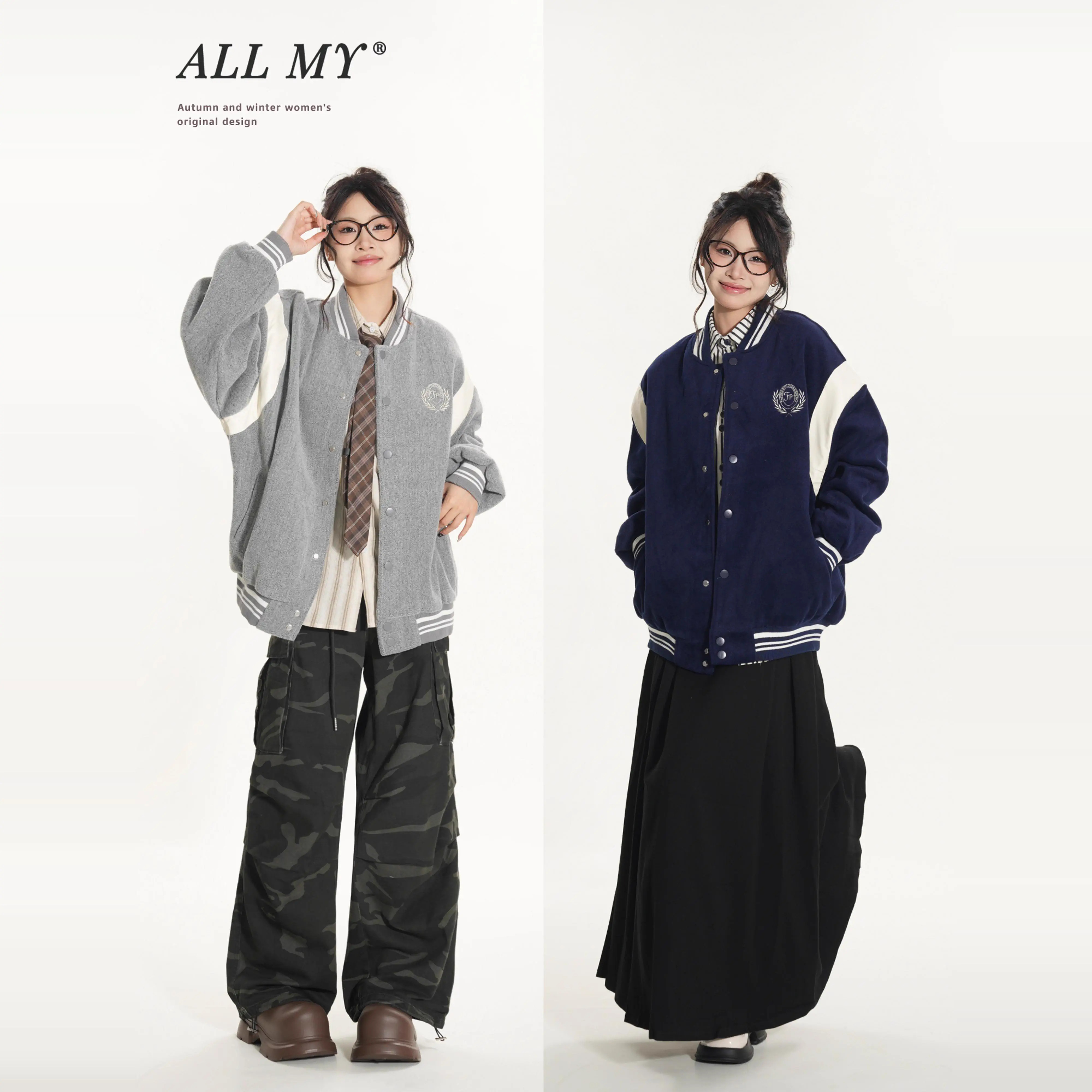 ALL MY2025春季棒球服夹克女设计感复古学院风刺绣毛呢宽松外套