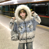 费尔岛小狗毛衣女冬季 文文不乖原创美式 复古毛领提花连帽针织开衫