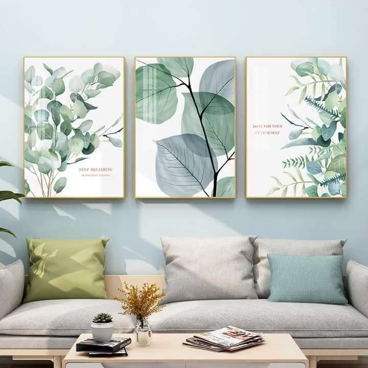 北欧风格客厅小清新绿色植物挂画现代简约树叶叶子背景墙面装饰画图片