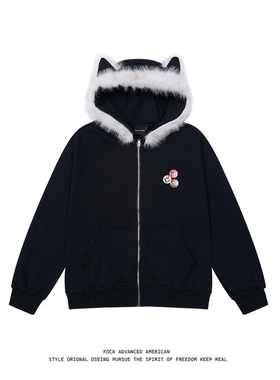 FOCK原创新款秋冬可拆卸毛领猫耳朵连帽百搭开衫外套男女情侣上衣
