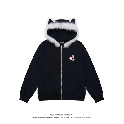 FOCK原创新款秋冬可拆卸毛领猫耳朵连帽百搭开衫外套男女情侣上衣