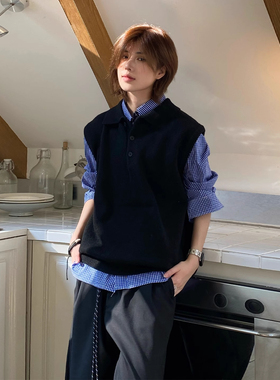 Ja1从不熬夜 复古翻领针织马甲背心男女叠穿百搭无袖毛衣马夹