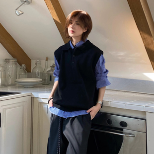 Ja1从不熬夜 复古翻领针织马甲背心男女叠穿百搭无袖毛衣马夹