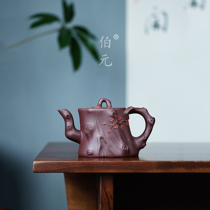 宜兴紫砂壶原矿紫泥梅桩壶手工贴花中式礼品茶具国风泡茶壶 400ml