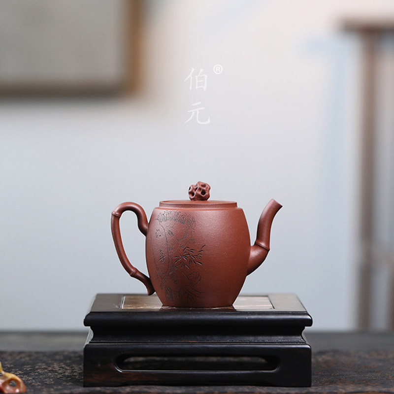 宜兴紫砂壶原矿红清水泥纯手工刻绘太湖石宫灯160ML中式茶壶茶具