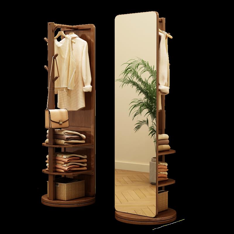 实木全身镜落地镜家用卧室置物可旋转移动衣帽架带镜面一体穿衣镜